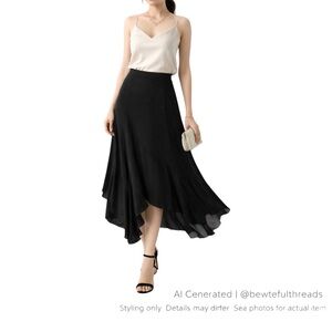Black Asymmetrical Flowy Midi Skirt Wedding Guest Romantic Feminine L